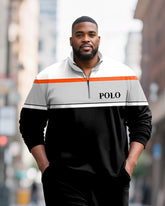 Big & Tall Men's Striped Contrast Printed POLO Collar Zipper Long Sleeve Pants Two-Piece Set
